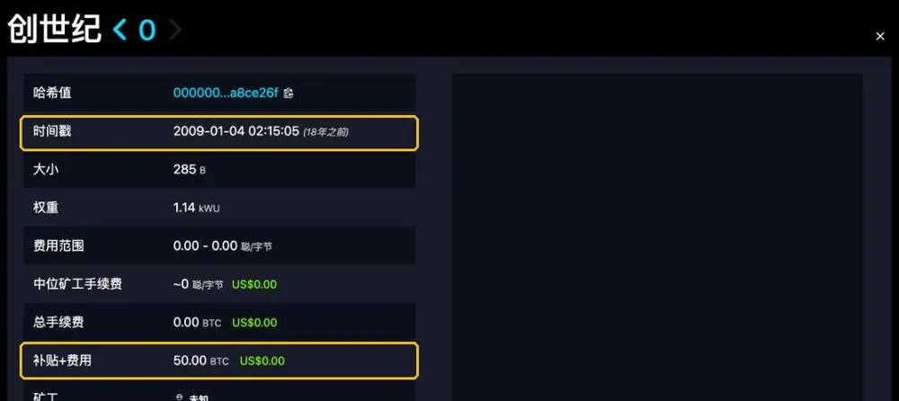 mempool.space 上的比特币创世区块(第 0 号区块)详情
