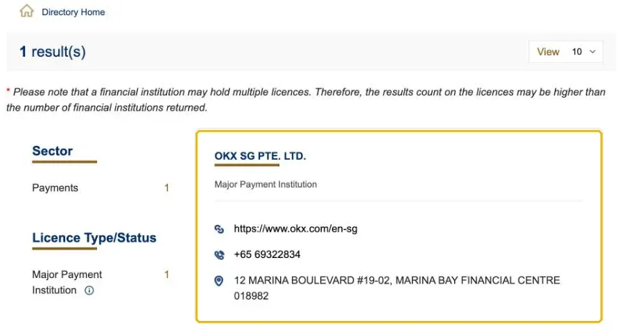 MAS 金融机构名录搜索 OKX 的结果:OKX SG PTE. LTD.,Major Payment Institution
