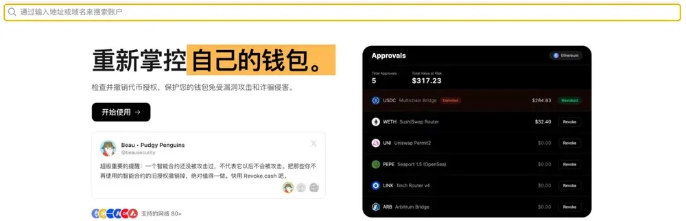 Revoke.cash 首页:通过输入地址或域名搜索账户