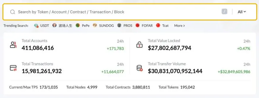 Tronscan 区块链浏览器首页,标出了搜索框