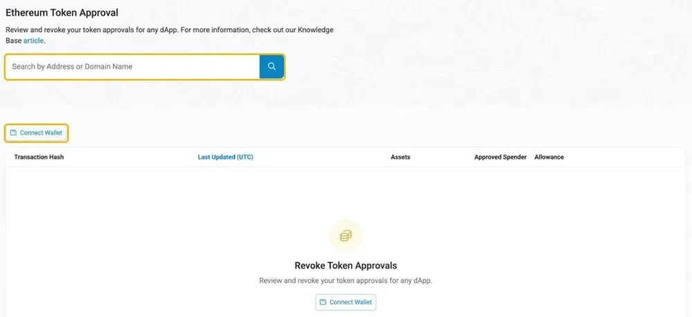 Etherscan Token Approval 页面:地址搜索框与 Connect Wallet 按钮