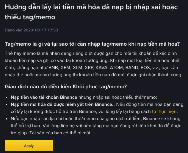 Trang trợ giúp tiếng Việt của Binance "Hướng dẫn lấy lại tiền mã hóa đã nạp bị nhập sai hoặc thiếu tag/memo", đăng ngày 17/09/2020, gồm định nghĩa tag/memo, danh sách coin ví dụ và các giao dịch đủ điều kiện khôi phục