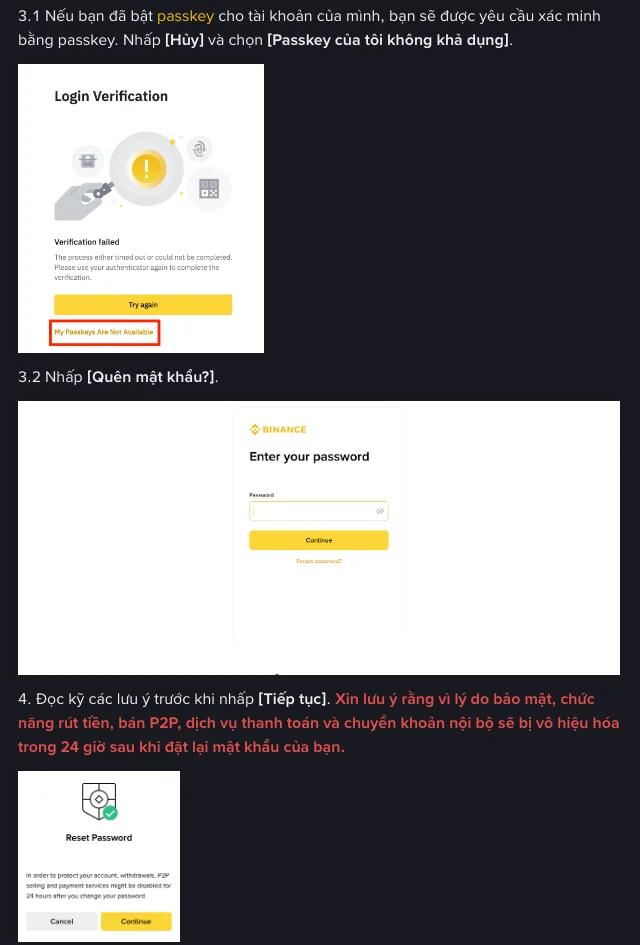 Trang trợ giúp tiếng Việt của Binance hướng dẫn bước 3.1 đến bước 4: nhấp Hủy và chọn Passkey của tôi không khả dụng, nhấp Quên mật khẩu, rồi đọc thông báo Reset Password trước khi nhấp Tiếp tục, kèm cảnh báo tạm khóa 24 giờ in đỏ